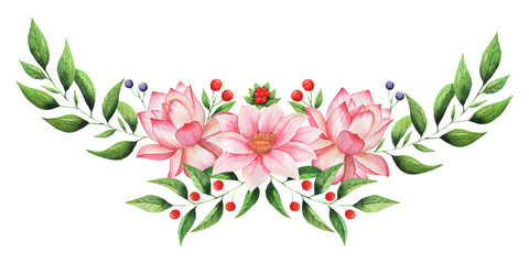 Hand painted watercolor charming combination of Flowers and Leaves - 135838230