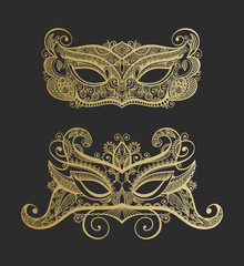 set of two gold lineart venetian carnival lace mask silhouette