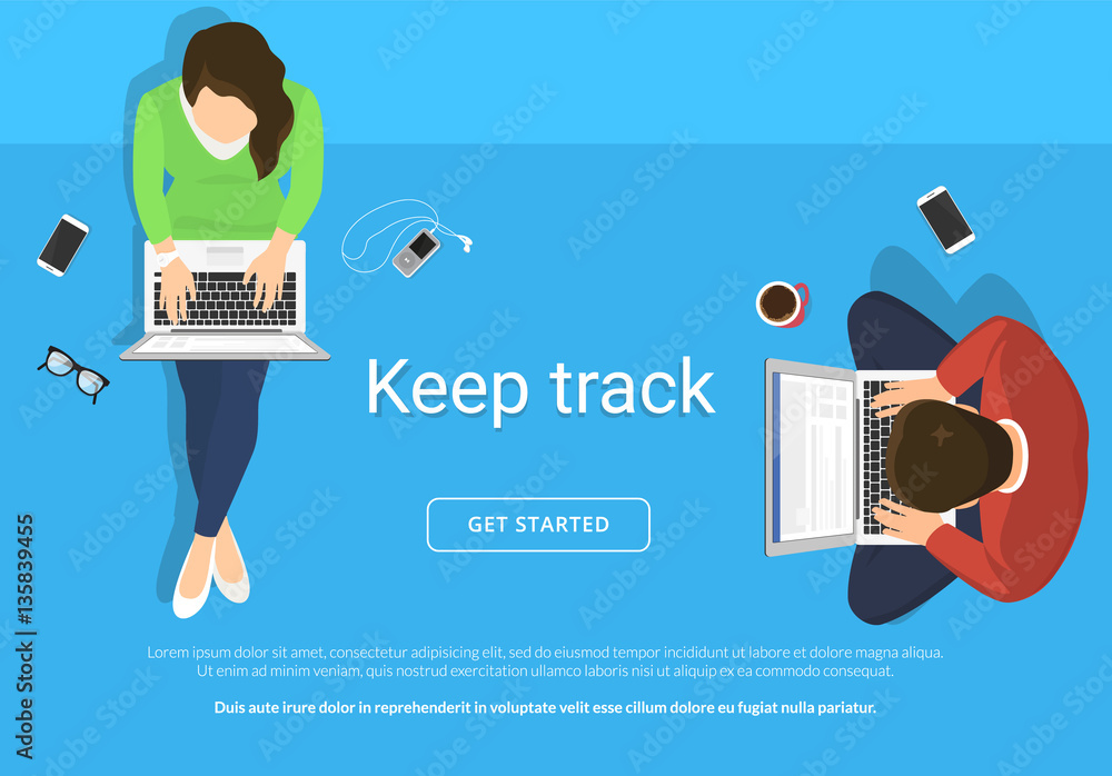Poster lazy people sitting on the floor and working with laptop in social networks. flat illustration top v