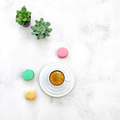 Coffee macarons cookies succulent plants table flat lay