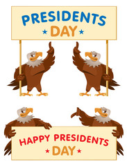 Eagles holding Presidents Day banner. Cartoon styled vector illustration. Elements is grouped  and divided into layers. No transparent objects. Isolated on white.
