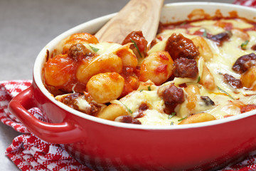 Homemade gnocchi with sausage and sauce