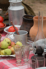 Vintage Cutlery. Samovar. Lunch in the field. Apples. Tomatoes. Aluminum utensils.