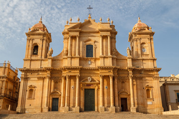 Fototapeta na wymiar Baroque facade of the cathedral in the historic part of Noto, Si