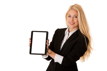 beautiful business woman working on tablet computer isolated ove