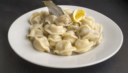 Russian dumplings in a white plate on a black background