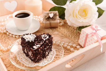 Breakfast coffee with chocolate cake