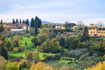 Fototapeta na wymiar green and yellow gardens in suburb of Florence