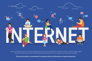 Internet addicted people concept illustration of young men and women using devices such as laptop, smartphone, tablets. Flat design of people addicted to gadgets sitting on the bid letters with social