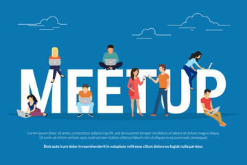 Meetup concept illustration of young people attending the professional workshop and brainstorming for new brand or concept. Flat design of guys and women sitting on the big letters