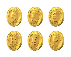 Set of golden coins with dollar, euro, pound sterling, ruble, bitcoin and yen signs. 3d rendering.