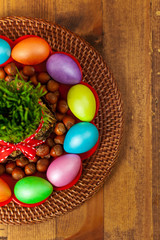 Obraz na płótnie Canvas Colored eggs, wheat springs Nowruz Holiday in Azerbaijan. Selective focus.