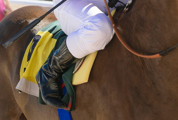 Detail of the boot of a jockey on his horse before the race