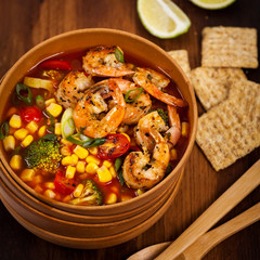 Shrimp Soup With Tomato, Broccoli and Corn. Selective focus.