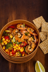 Shrimp Soup With Tomato, Broccoli and Corn. Selective focus.