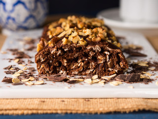 Chocolate home made cake with rolled oats, walnut, banana. Healthy Diet baking treat