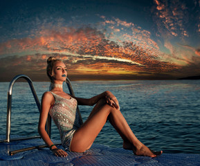 Beautiful sexy girl, pretty young model, sea sunset, ocean coast