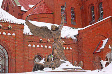 Belarus. Sculpture of Saint George and dragon near Church Of Saint Simon and Elena in Minsk