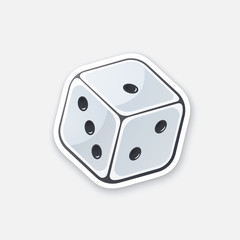 Vector illustration. One white dice with contour. Gambling symbol. Cartoon sticker in comics style. Decoration for greeting cards, posters, patches, prints for clothes, emblems