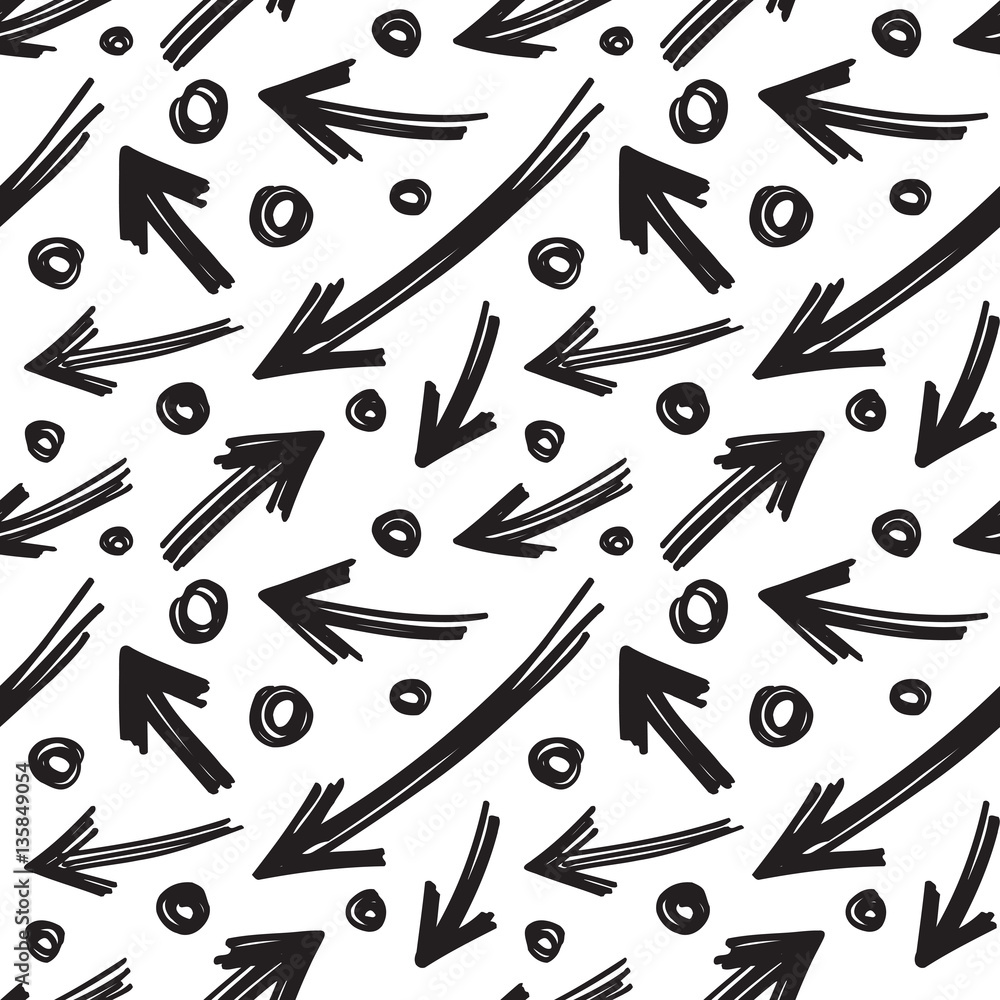 Poster sketch drawing arrows signs and circles - abstract vector background. seamless pattern in black & wh