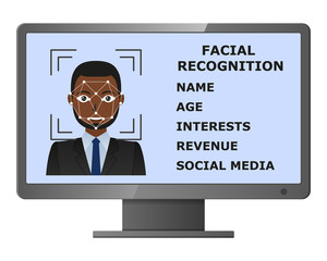 Biometrical identification. Facial recognition system concept. Face recognition program on monitor. African american man. Vector illustration