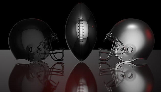 American football black and gray helmets and silver trophy ball on black dark background, 3d render