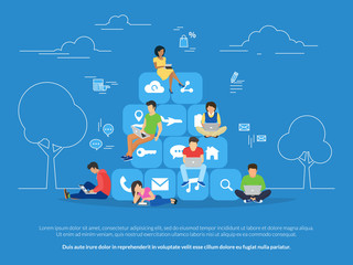 Young men and women sitting on mobile app icons and using smartphone and laptop for reading news and texting message to friends. Flat concept illustration of app addiction on blue background