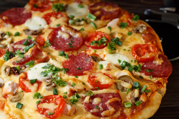 Homemade pizza on a rustic table