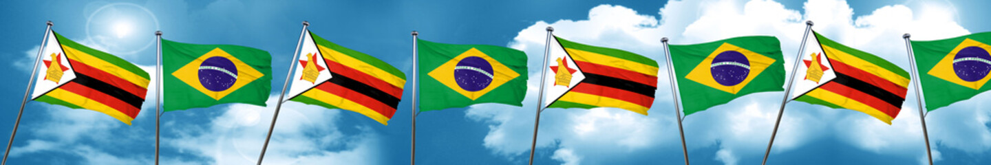 Zimbabwe flag with Brazil flag, 3D rendering