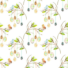 Seamless pattern with Easter eggs on the spring tree branches, hand drawn isolated on a white background