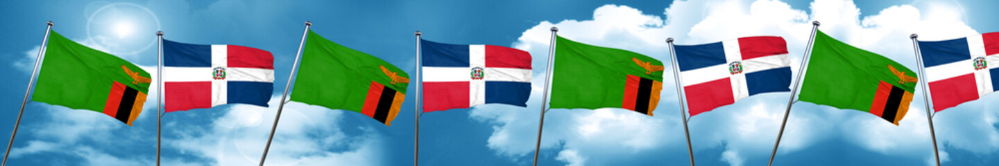 Zambia flag with Dominican Republic flag, 3D rendering
