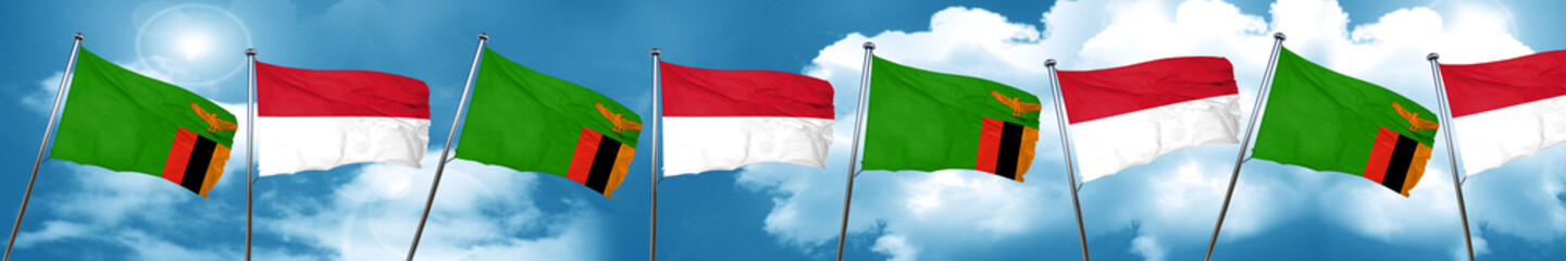 Zambia flag with Indonesia flag, 3D rendering