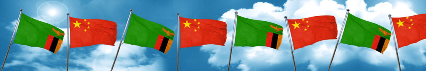 Zambia flag with China flag, 3D rendering
