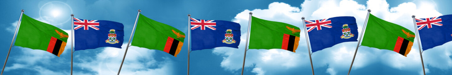 Zambia flag with Cayman islands flag, 3D rendering