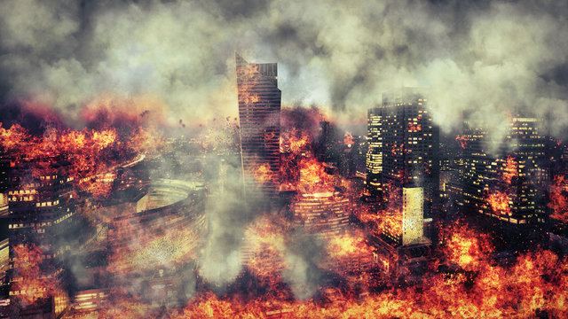 Apocalypse. Burning city, abstract vision.Photo manipulation