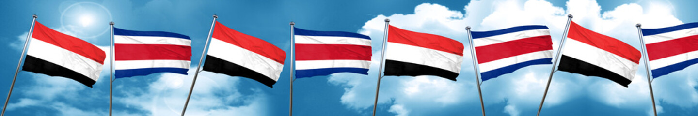 Yemen flag with Costa Rica flag, 3D rendering