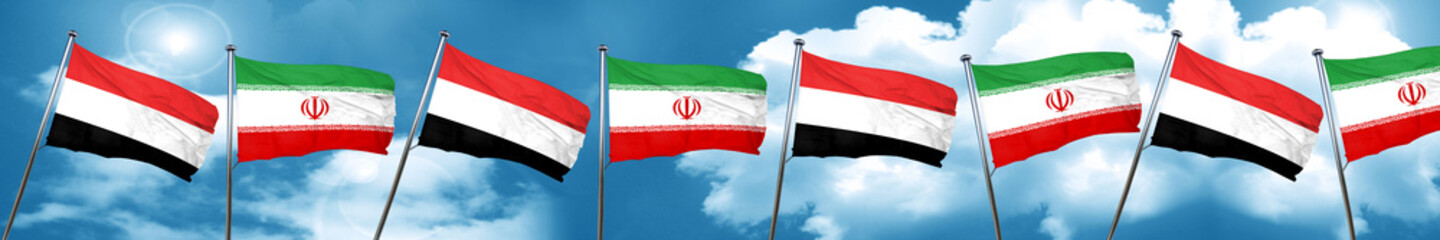 Yemen flag with Iran flag, 3D rendering