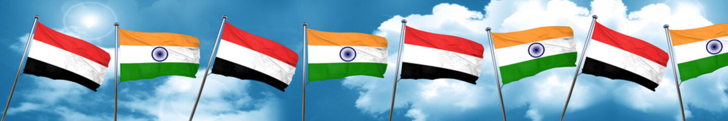 Yemen flag with India flag, 3D rendering