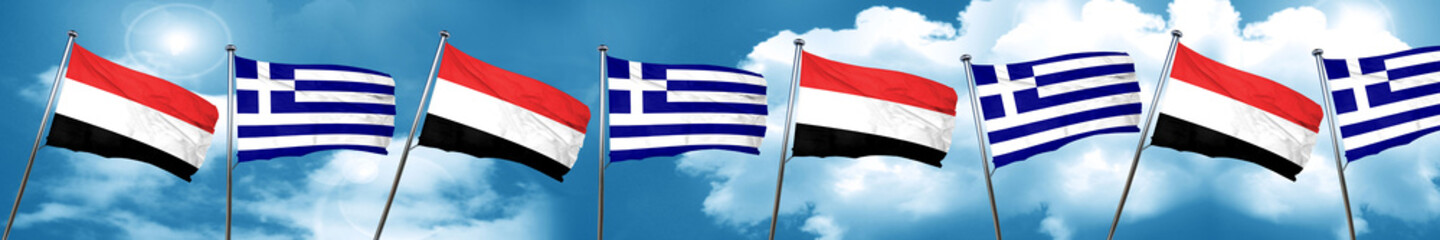 Yemen flag with Greece flag, 3D rendering