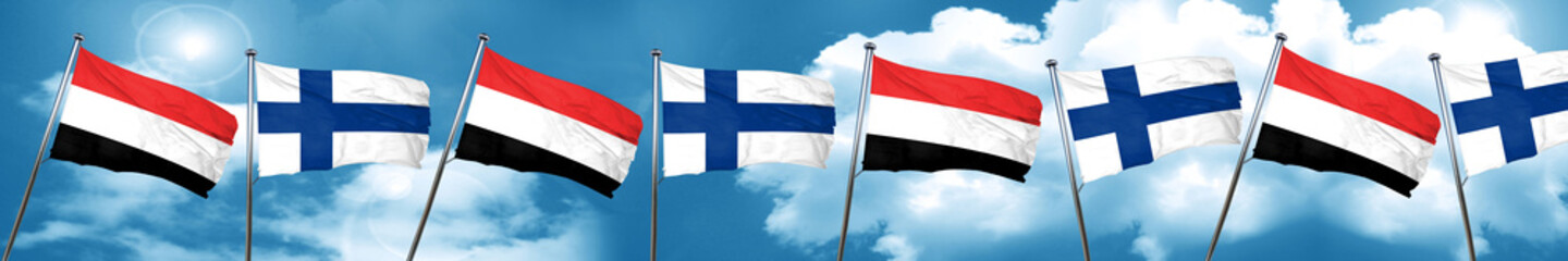 Fototapeta na wymiar Yemen flag with Finland flag, 3D rendering