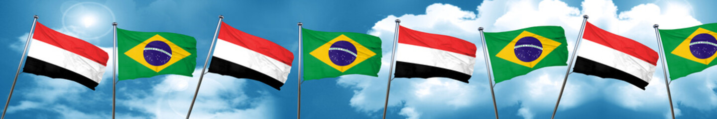 Yemen flag with Brazil flag, 3D rendering