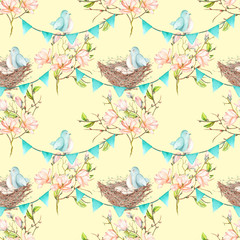 Seamless pattern with birds, nests and eggs on the garlands of the blue flags on spring magnolia tree branches, hand drawn on a light yellow background
