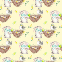 Seamless pattern with watercolor Easter rabbits, nests with bird eggs, yellow and green branches, hand drawn isolated on a tender yellow background