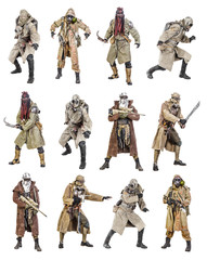 Set of nuclear post apocalypse survivors with homemade weapons and cold steel on white background....