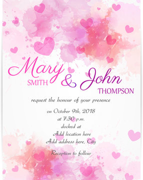 Wedding invitation template with pink hearts