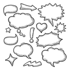 Set speech and thought bubbles. Vintage vector engraving