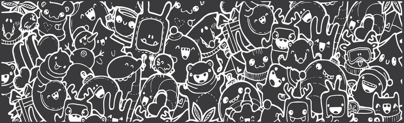 winter color Doodle banner. cartoon new year holidays. White on black, chalk on a blackboard. black-and-white doodles hand-drawn contour on a black background