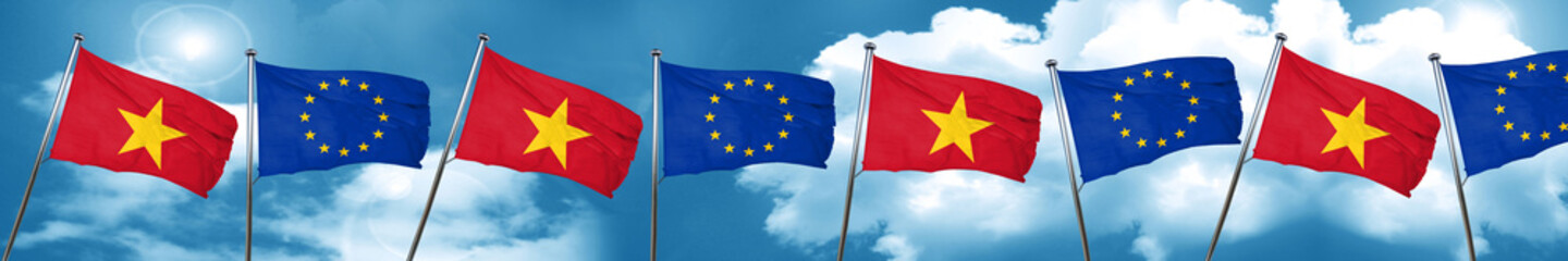 Vietnam flag with european union flag, 3D rendering