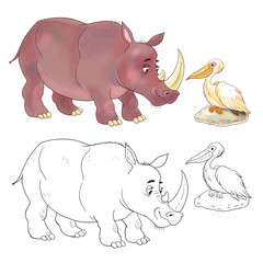 Rhinoceros. Coloring page. Illustration for children. Funny cartoon characters