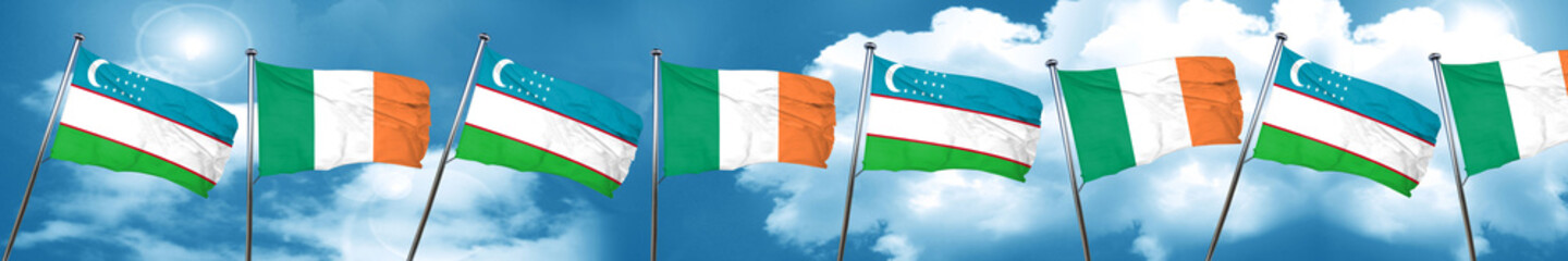 Uzbekistan flag with Ireland flag, 3D rendering